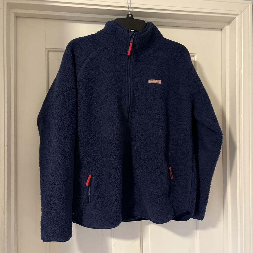 Vineyard Vines Quarter Zip Sherpa Fleece Pullover Sweater Women Medium Navy Blue